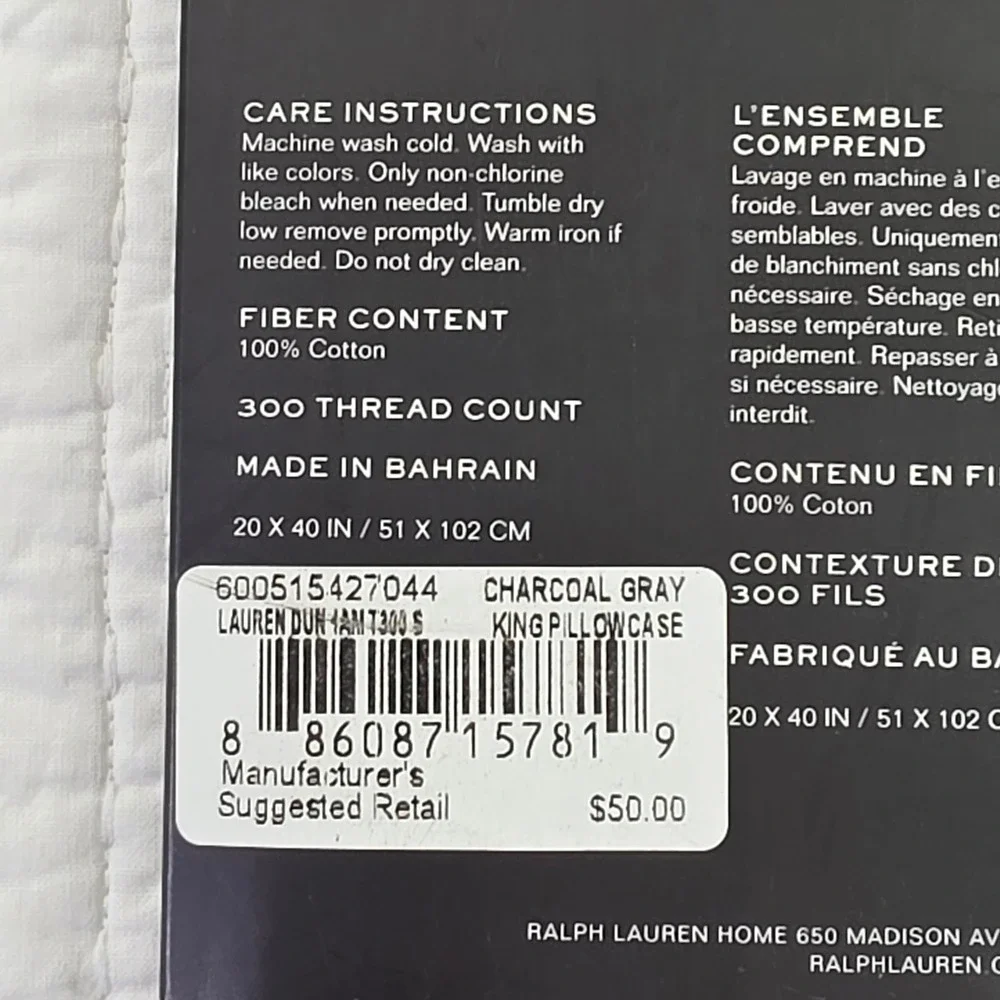 Lauren Ralph Lauren Dunham Sateen King Pillowcase Set 2pc Charcoal Gray 300TC